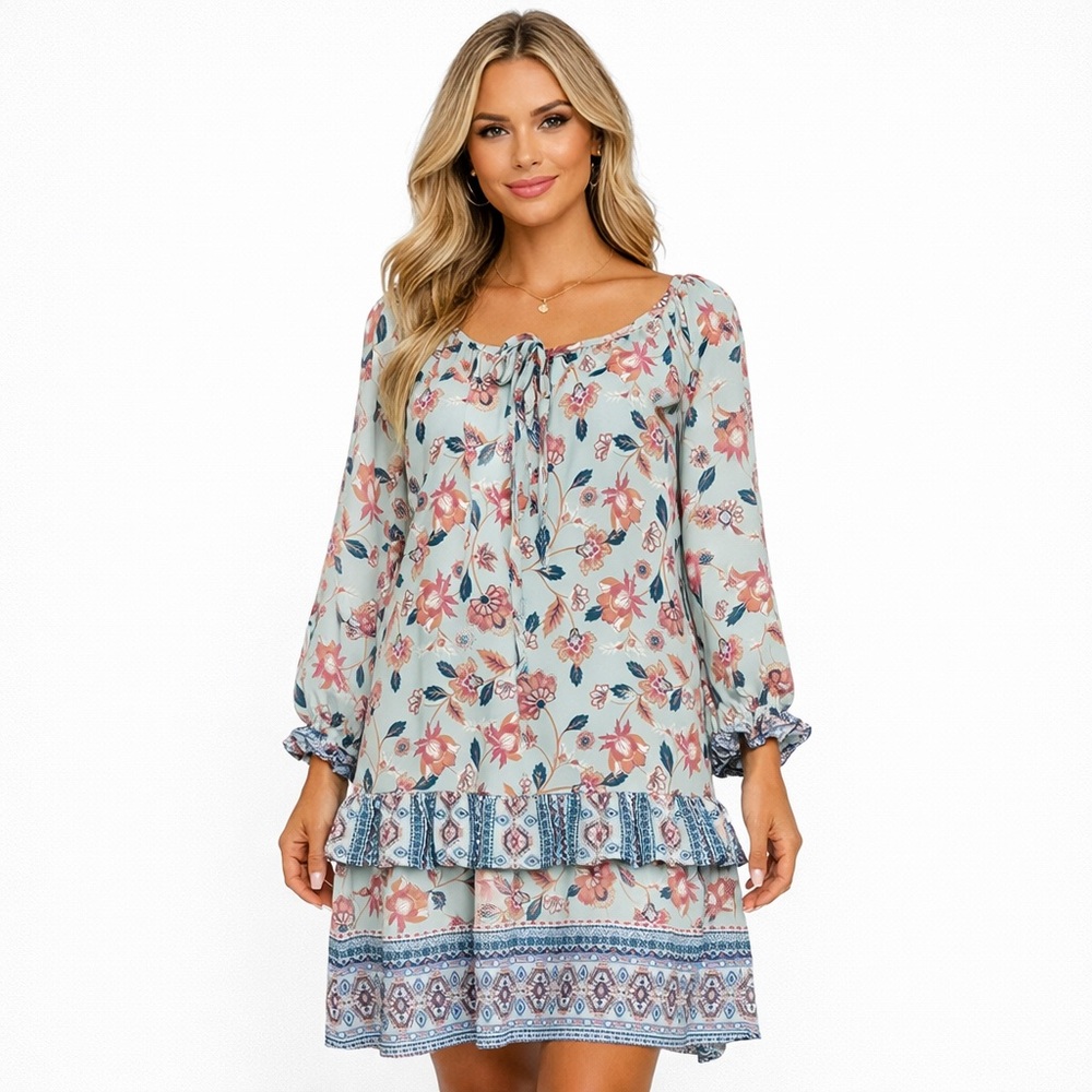 Saints & Hearts Floral Tiered Boho Dress M L Peasant Festival Whimsical Spring
